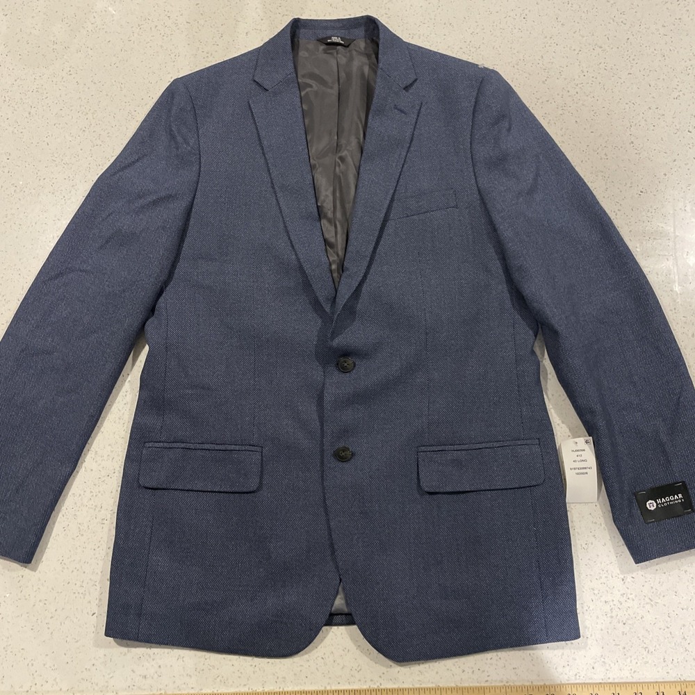 J.M HAGGAR Mens Solid Blue Stretch Sz 42L Slim Jacket Blazer Sport Coat NWT